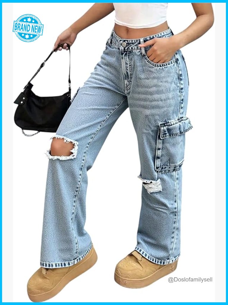 Distressed Cargo Jeans Straight Leg Baggy Streetwear Y2k Ripped Pants